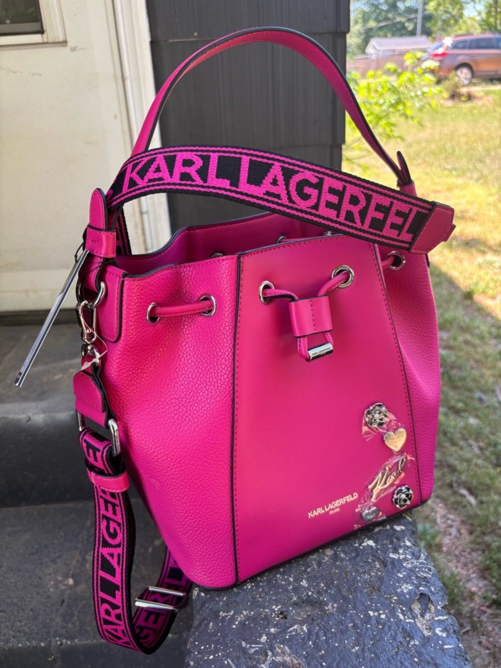 Karl Lagerfeld Hot Pink Pebbled Leather Bucket Bag with Branded Strap - Picture 3 of 5